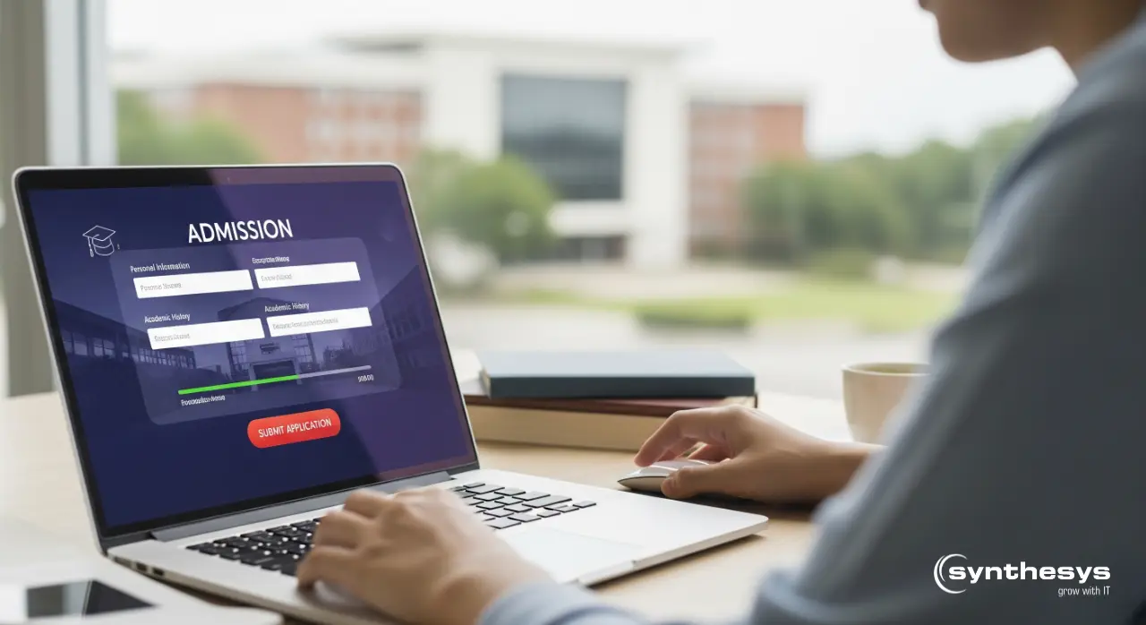 Person using a laptop to complete an online admission system form, entering personal and academic details with a progress tracker and submit button. The image represents Synthesys’ digital admission platform, which replaces paper-based workflows with a centralized, web-based process for schools, colleges, universities, and government education boards. Synthesys’ online admission system helps institutions manage student applications, document uploads, fee payments, merit lists, and approvals efficiently, ensuring scalability, transparency, compliance with NEP 2020 and e-Governance norms, and an improved student experience.